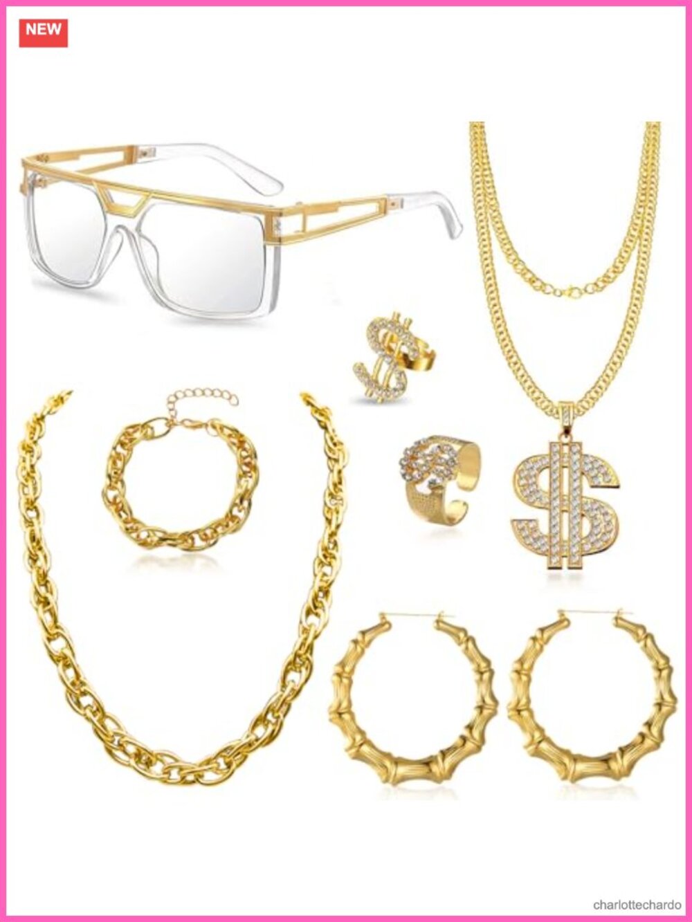 90s Hip Hop Costume Jewelry Set Gold Plated Rope Chain Glasses Earring Party